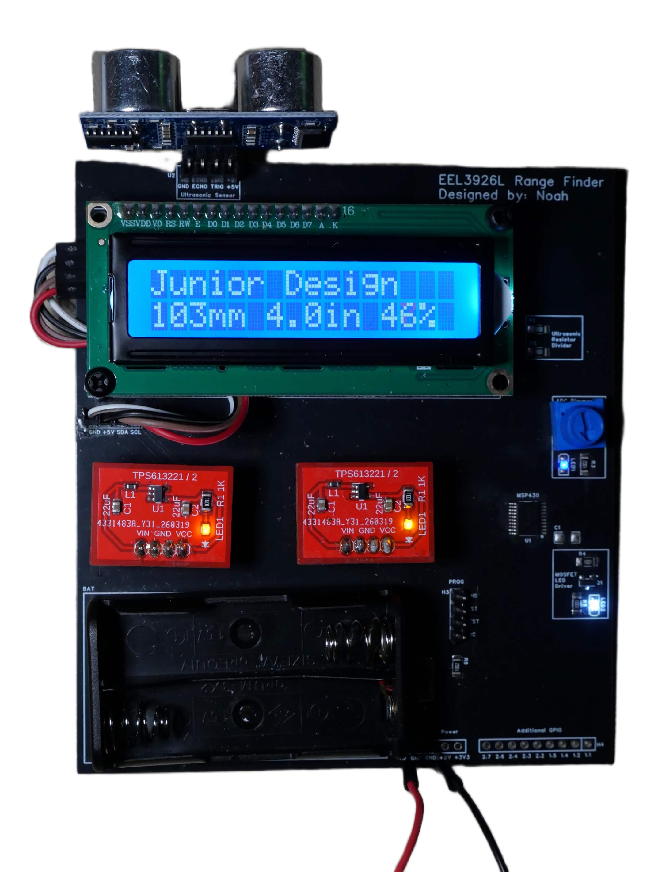 Assembled junior design range finder PCB